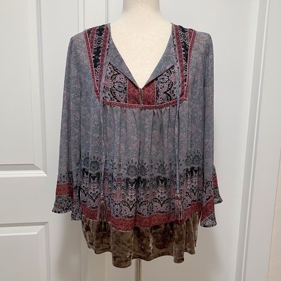 Knox Rose Boho Peasant Blouse XL Velvet Paisley Tassels Statement Sleeves Fairy - Picture 2 of 15